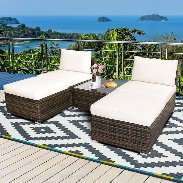 5-Piece Rattan Wicker Outdoor Furniture Set Patio Armless Chair and Ottoman with Cushion