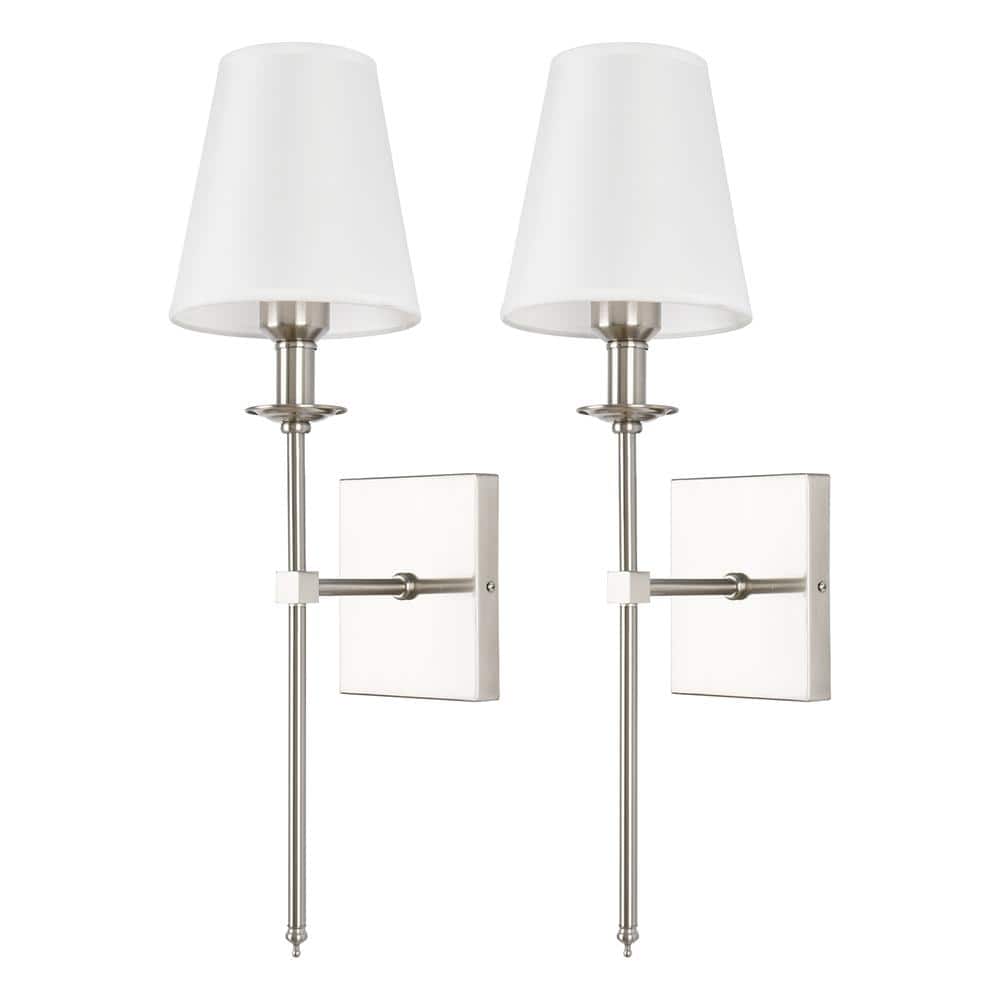 Set of 2 Nickel Indoor Industrial Wall Sconces with White Fabric Shade, Mod
