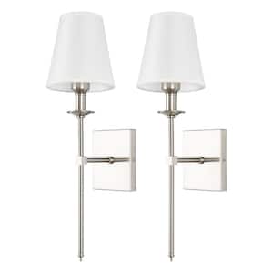 Set of 2 Nickel Indoor Industrial Wall Sconces with White Fabric Shade, Modern Wall-Mounted Light Fixture for Bedroom