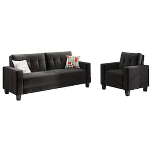 76.4 in. W Square Arm 2-Piece Velvet Rectangle Modern Straight Sectional Sofa in Black with Wood Legs