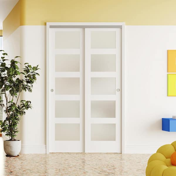 36 in. x 80 in. 5-Lite Frosted Glass White Primed MDF DIY Painted Bypass Sliding Door with Aluminium Hardware Kits