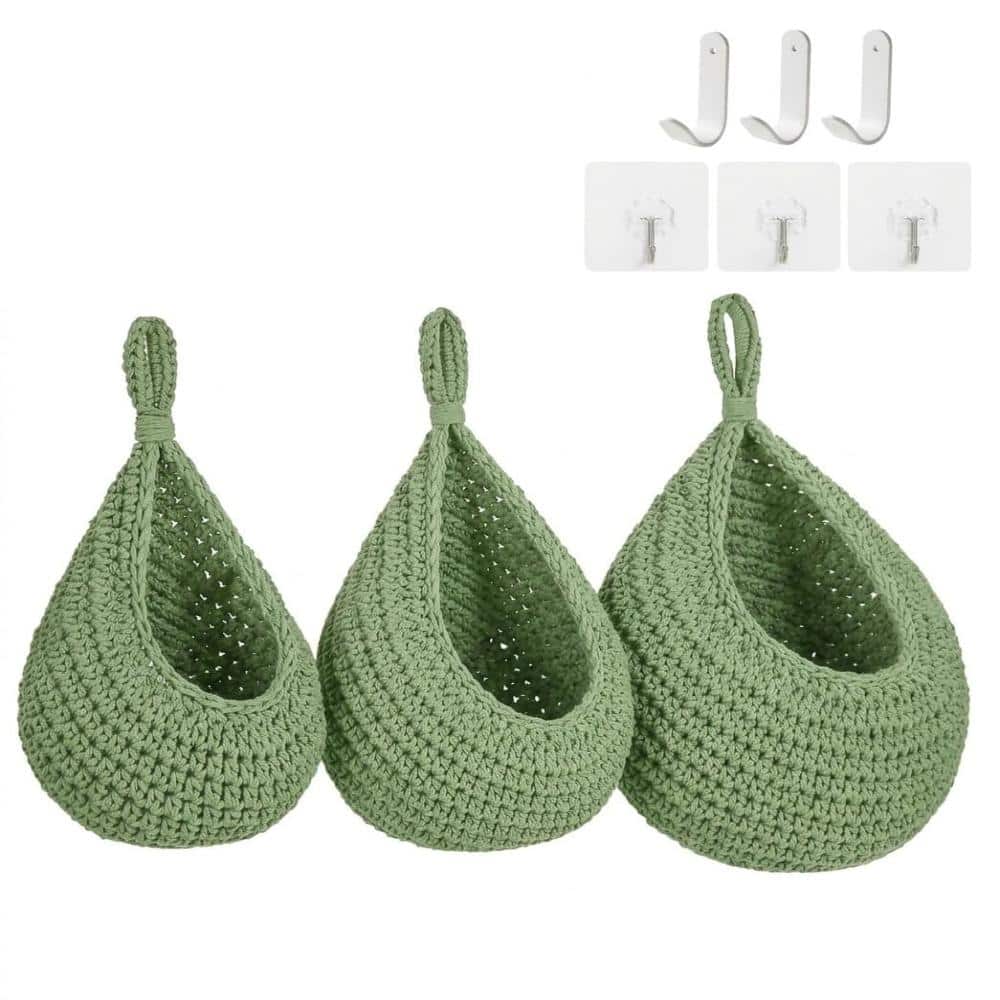"3 Pack Green Teardrop Boho Hanging Fruit Vegetable Baskets 12.2""×9.4"" w/6 Hooks" price history on PriceWatchPro