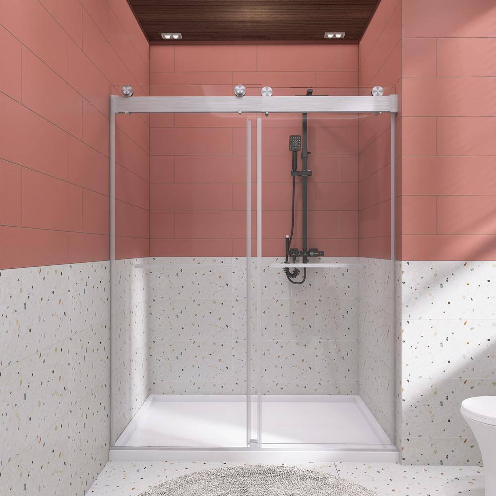 48 in. W x 76 in. H Sliding Frameless Shower Door in Brushed Nickel with Ta