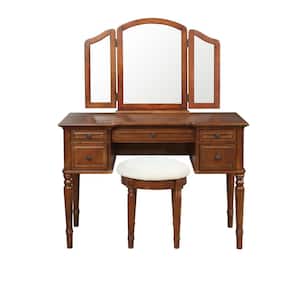 Vogt Cherry Wood Vanity Set with Antique Brass Knobs and Matching Stool