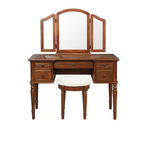 Powell Company Vogt Cherry Wood Vanity Set with Antique Brass Knobs and Matching Stool