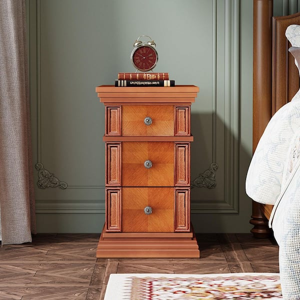 BYBLIGHT Kerlin 19.7 in. Alloy-Orange Mid-Century Modern Side End Table Cabinet, Rectangle Wood Nightstand with 3-Drawer