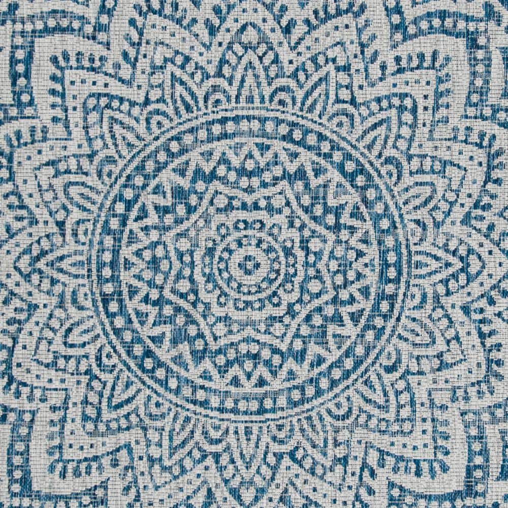 Light Grey and Blue Synthetic Square Indoor/Outdoor Area Rug