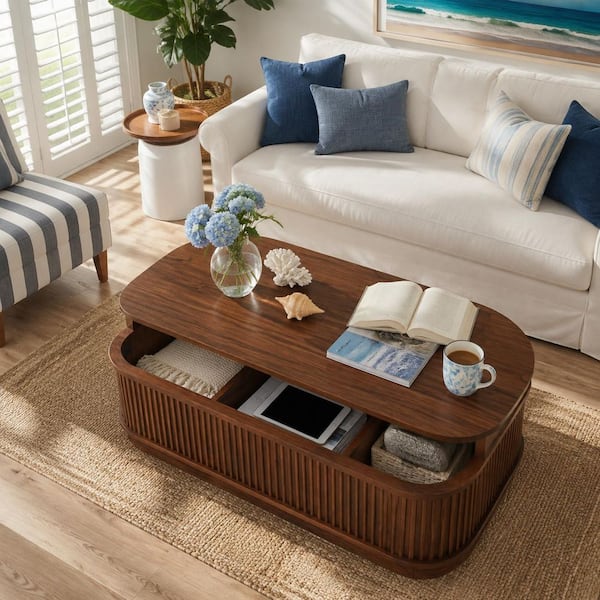 47.2 in. Walnut Oval MDF Lift Top Coffee Table with Hidden Storage, Gas Spring Mechanism and Fluted Design