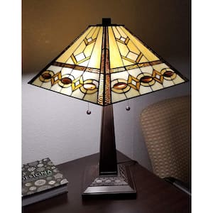 Tiffany 22 in. Brown and Tan Table Lamp with Stained Glass Shade and Banker Base