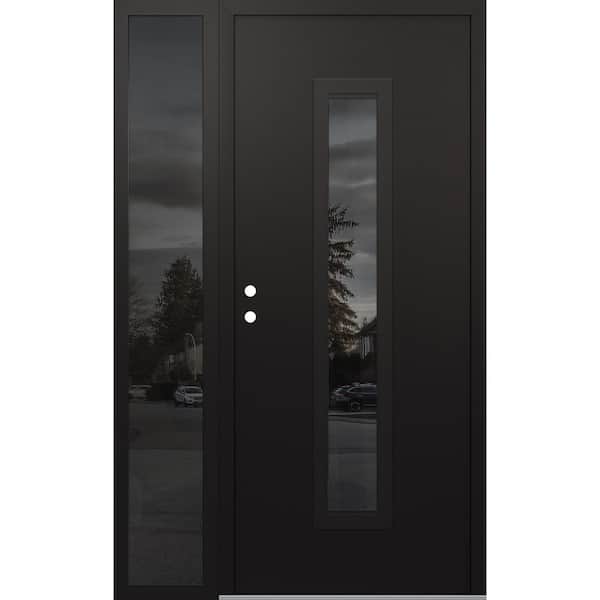 A11 48 in. x 80 in. Black P Right-Hand/Inswing Mirrored Glass Black/Black Sidelite Steel Prehung Front Door