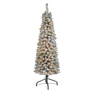 5 ft. Flocked Pencil Artificial Christmas Tree with 200 Clear Lights and 318 Bendable Branches