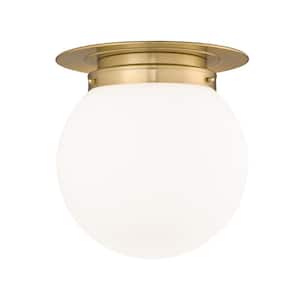 Calhoun 13 in. 1-Light Heritage Brass Modern Farmhouse Flush Mount with White Opal Glass Shade and No Bulbs Included