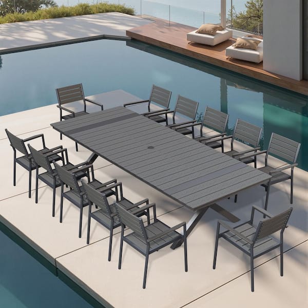 Black 13-Piece 118 in. Aluminum Wood-Like Rectangular Patio Outdoor Dining Set with Stackable Arm-Chairs, Umbrella Hole