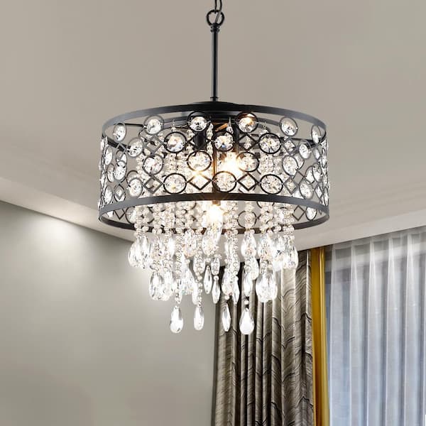 Indianapolis 5-Light 16.9 In. Black Crystal Modern Drum Dimmable Chandeliers Living Dining Foyer Lighting