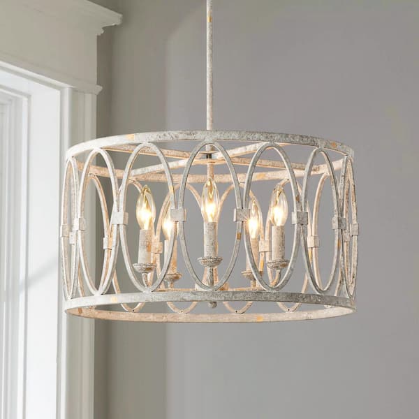 Boun 5-Light Modern Industrial Antique White Geometric Drum Chandelier for Dining Room and Kitchen Island