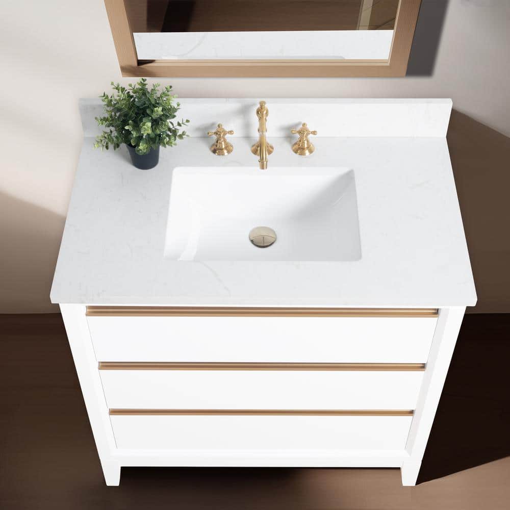 White and Gold 36" Freestanding Bathroom Vanity with Engineered Marble Top