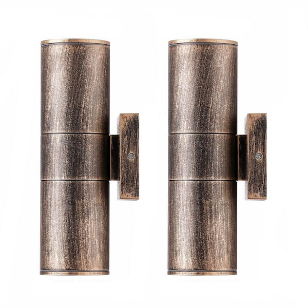 HKMGT Bronze Outdoor Hardwired Cylinder Light Lantern Sconce with Integrated LED Wall Up Down Lights (2-Pack)