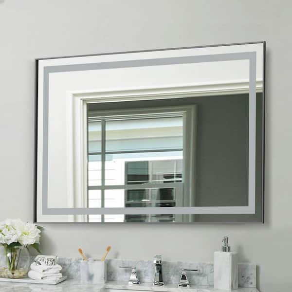 36 in. W x 28 in. H Rectangular Aluminum Framed Backlit and Front Light LED Wall Bathroom Vanity Mirror in Gun Grey