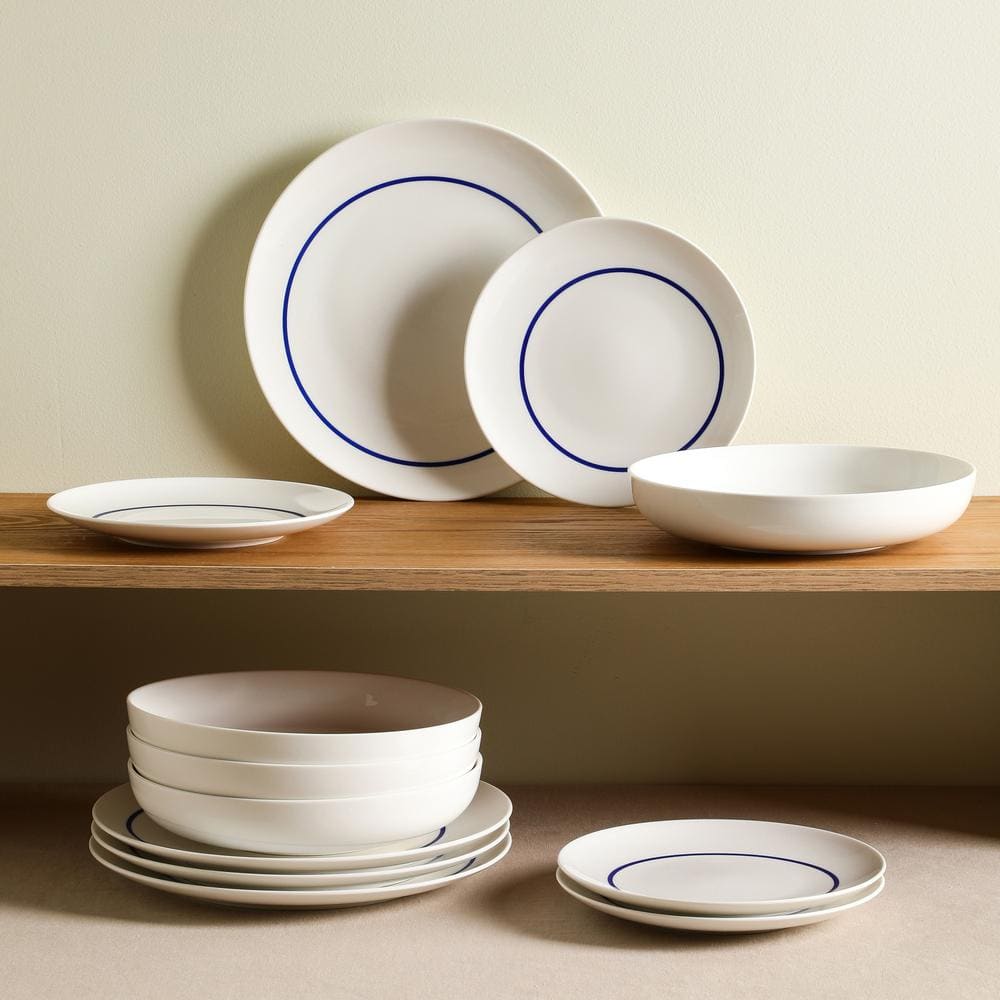 Luna Blue and White Porcelain 12-Piece Dinnerware Set, Service for 4