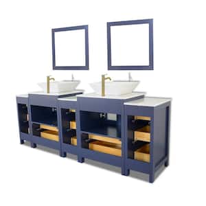 Ravenna 84 in. W Double Basin Bathroom Vanity in Blue with White Engineered Marble Top and Mirror