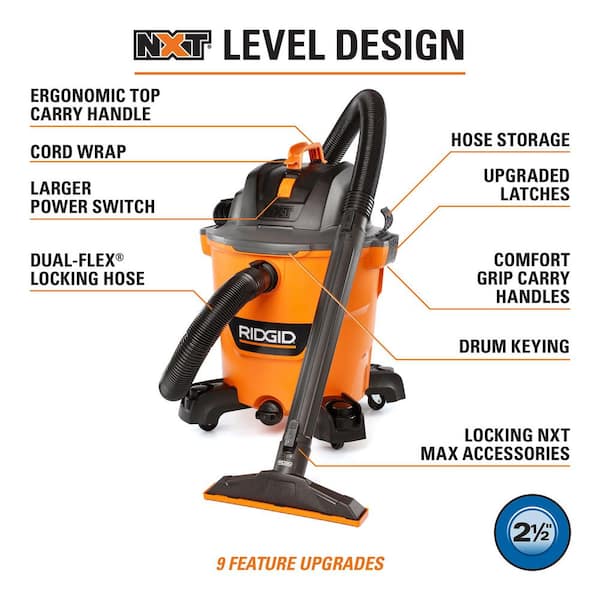 RIDGID - 12 Gallon 5.0 Peak HP NXT Shop Vacuum Wet Dry Vac with General Debris Filter, Locking Hose and Accessory Attachments