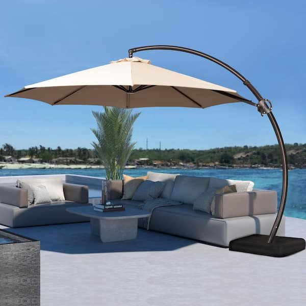 JEAREY 10 ft. L Outdoor Aluminum Curvy Cantilever Offset Hanging Patio Umbrella with Sandbag Base and Cover in Beige