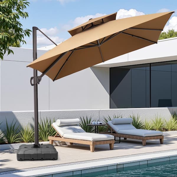 11 ft. x 11 ft. Double Top Cantilever Tilt Patio Umbrella in Tan Brown with 260 lbs. Base Stand