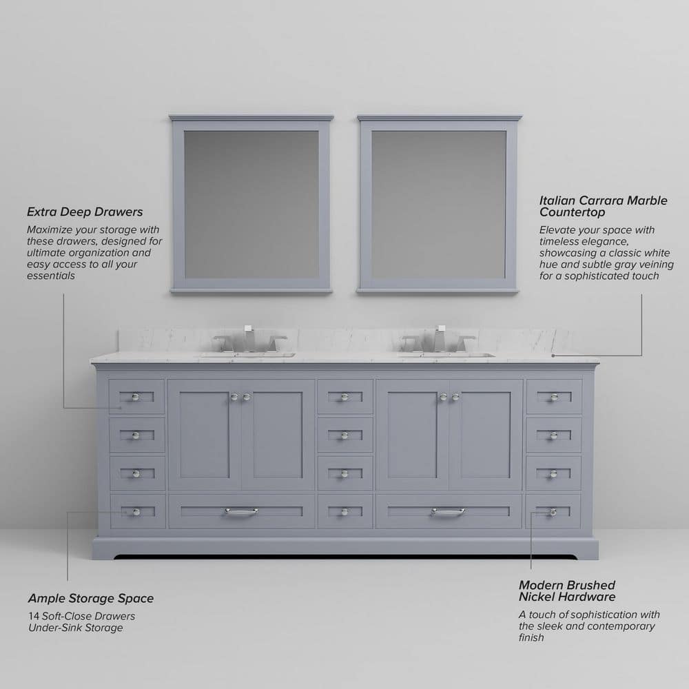Dukes 84" Dark Grey Double Vanity with White Carrara Marble Top