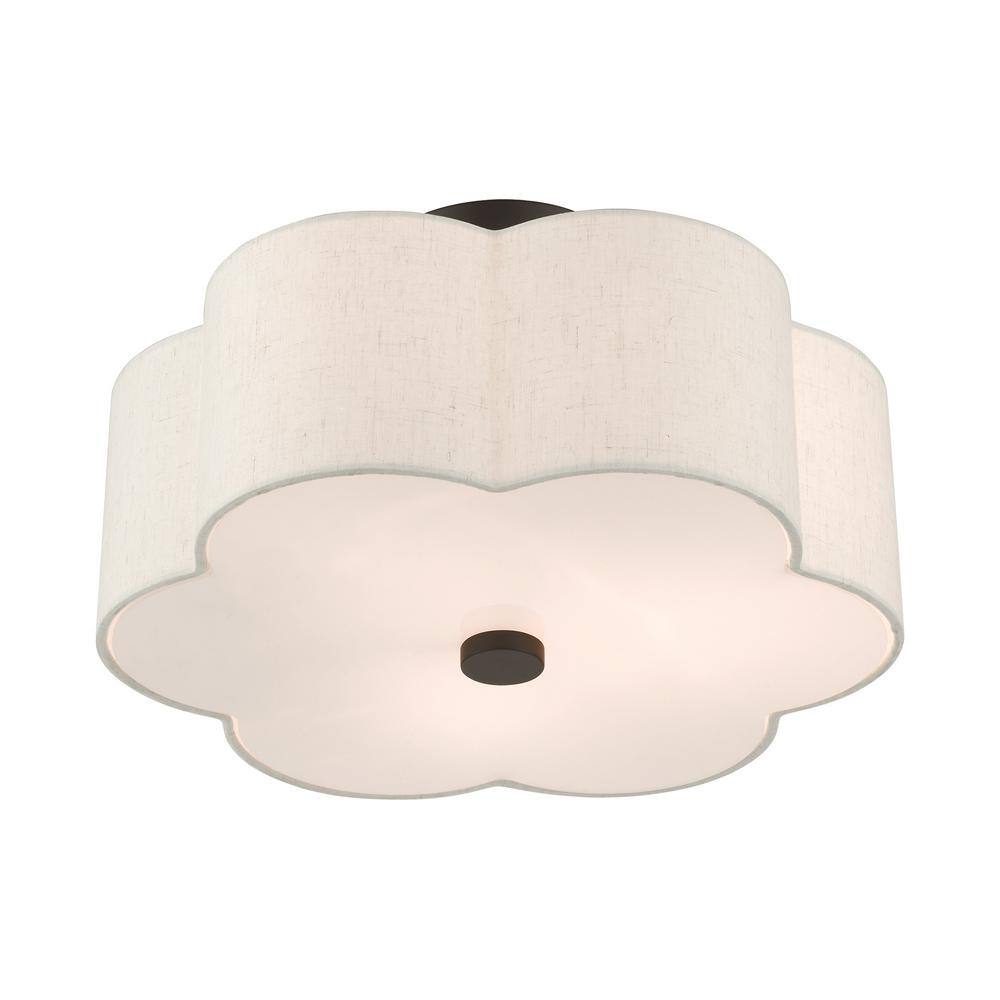 Solstice English Bronze 3-Light Indoor Drum Flush Mount with Oatmeal Shade