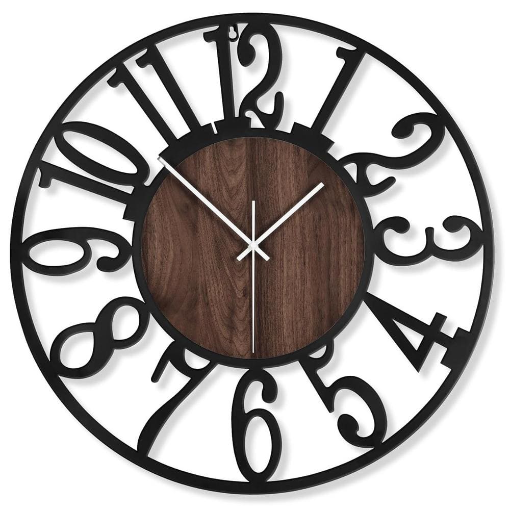 24 in. Black Analog Battery Operated Oversized Vintage Round Modern Wood Wa