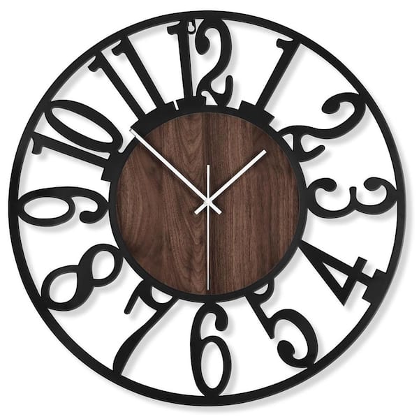 Unbranded 24 in. Black Analog Battery Operated Oversized Vintage Round Modern Wood Wall Clock