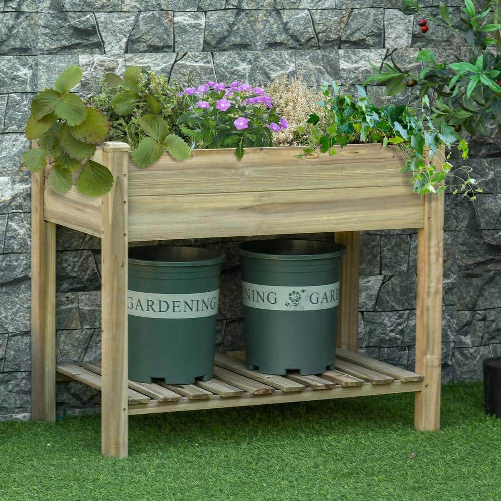 Outsunny Elevated Fir Wood Planter Box with Storage Shelf