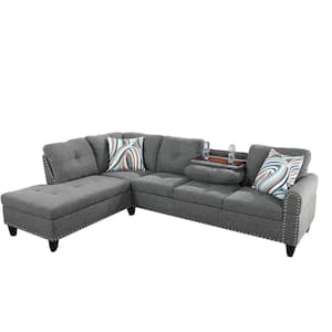 103.50 in. W Round Arm 2-piece Linen L Shaped Modern Left Facing Sectional Sofa Set in Gray w/Drop Down Table