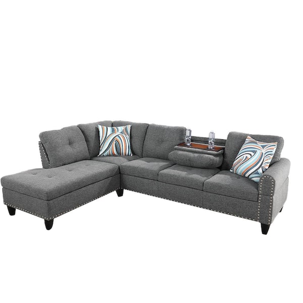 Star Home Living 103.50 in. W Round Arm 2-piece Linen L Shaped Modern Left Facing Sectional Sofa Set in Gray w/Drop Down Table