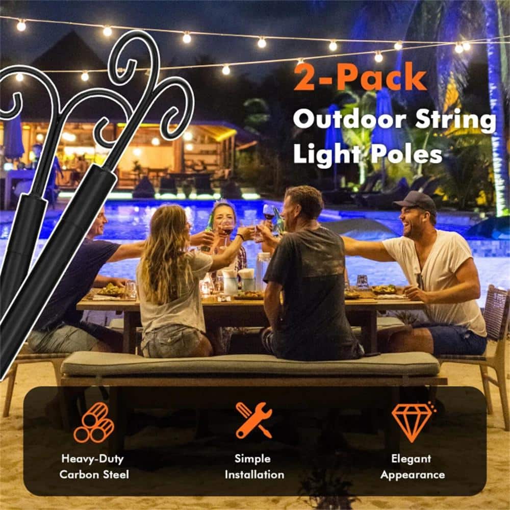 Black Steel Outdoor String Light Poles with Arc Hook and 5-Prong Base - 10 ft