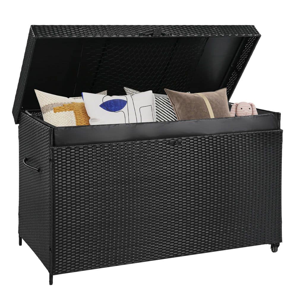 200 Gal. 58.7 in. Grey Rattan Wicker Outdoor Deck Box with Wheels, Patio St