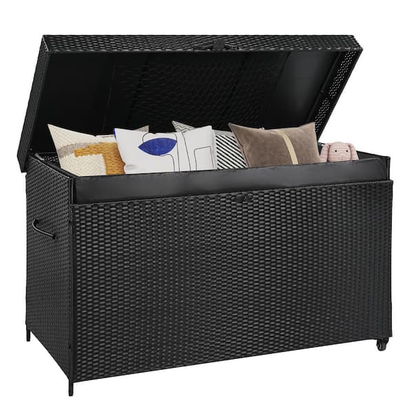 200 Gal. 58.7 in. Grey Rattan Wicker Outdoor Deck Box with Wheels, Patio Storage Box, Water Resistant and Lockable