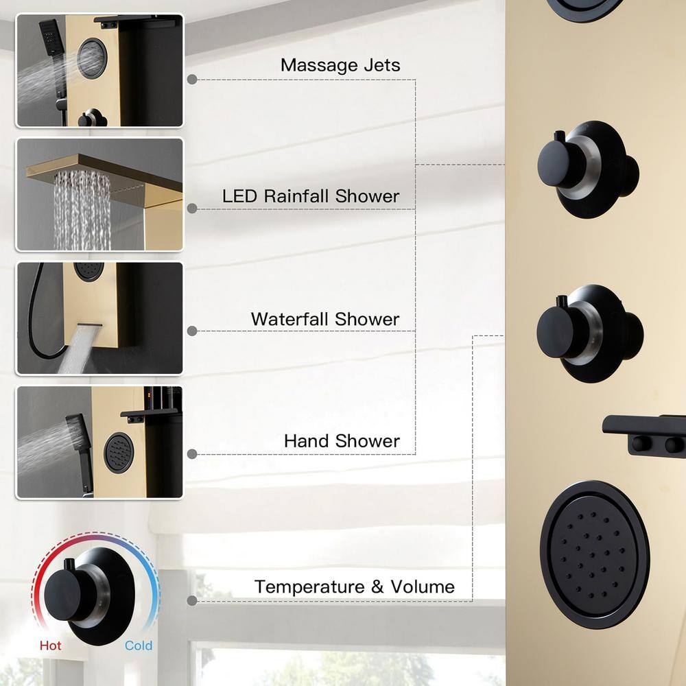 Gold and Black Stainless Steel Shower Panel System with Rainfall Shower Head