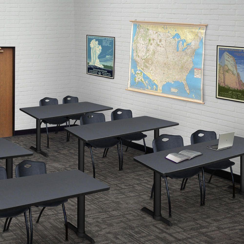 Cain 48 in. x 24 in. Grey T-Base Training Seminar Table Desk and 2 M Stack Chairs-Black