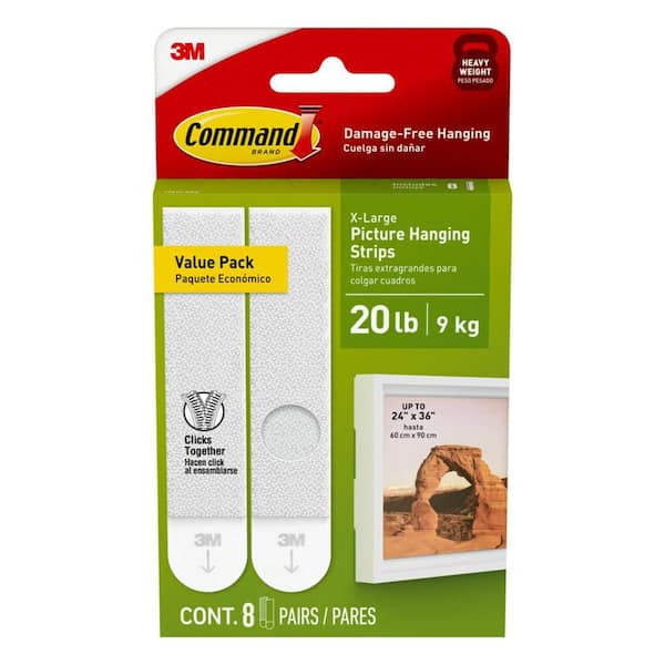 20 Lb XL Heavyweight Picture Hanging Strips, White, Damage Free Decorating, 8 Pairs