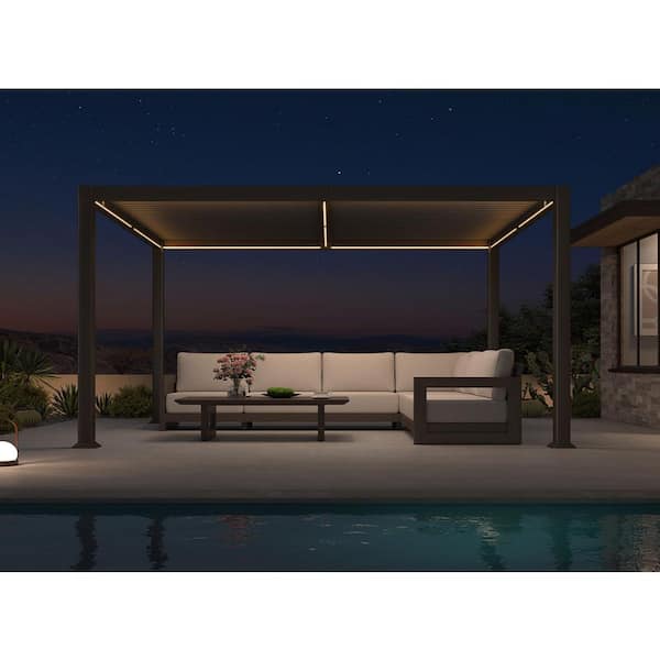 10 ft. x 14 ft. Bronze Aluminum Outdoor Louvered Pergola with Individual Adjustable Sunshade Roofs and LED Lights