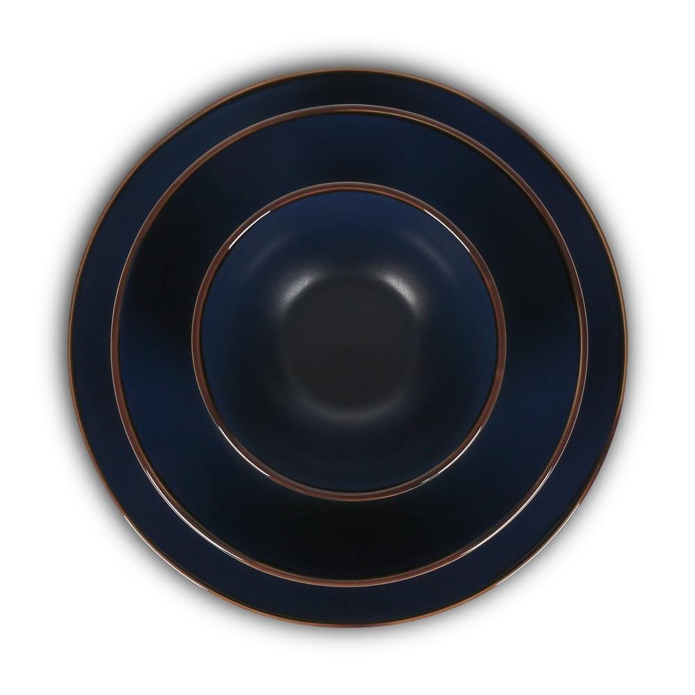 Blue and White Ceramic 16-Piece Dinnerware Set with Metallic Band