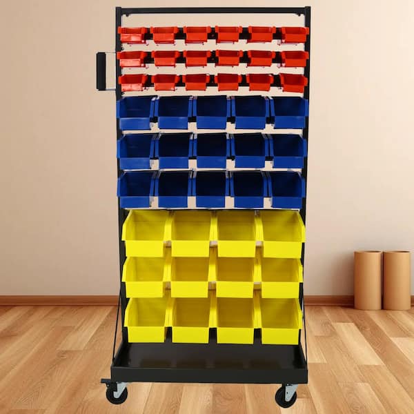 9-Tier Dual-Sided Rolling Storage Rack with 90 Parts Bin and Locking Wheel, Storage Organizer for Shop Garage Home-Black