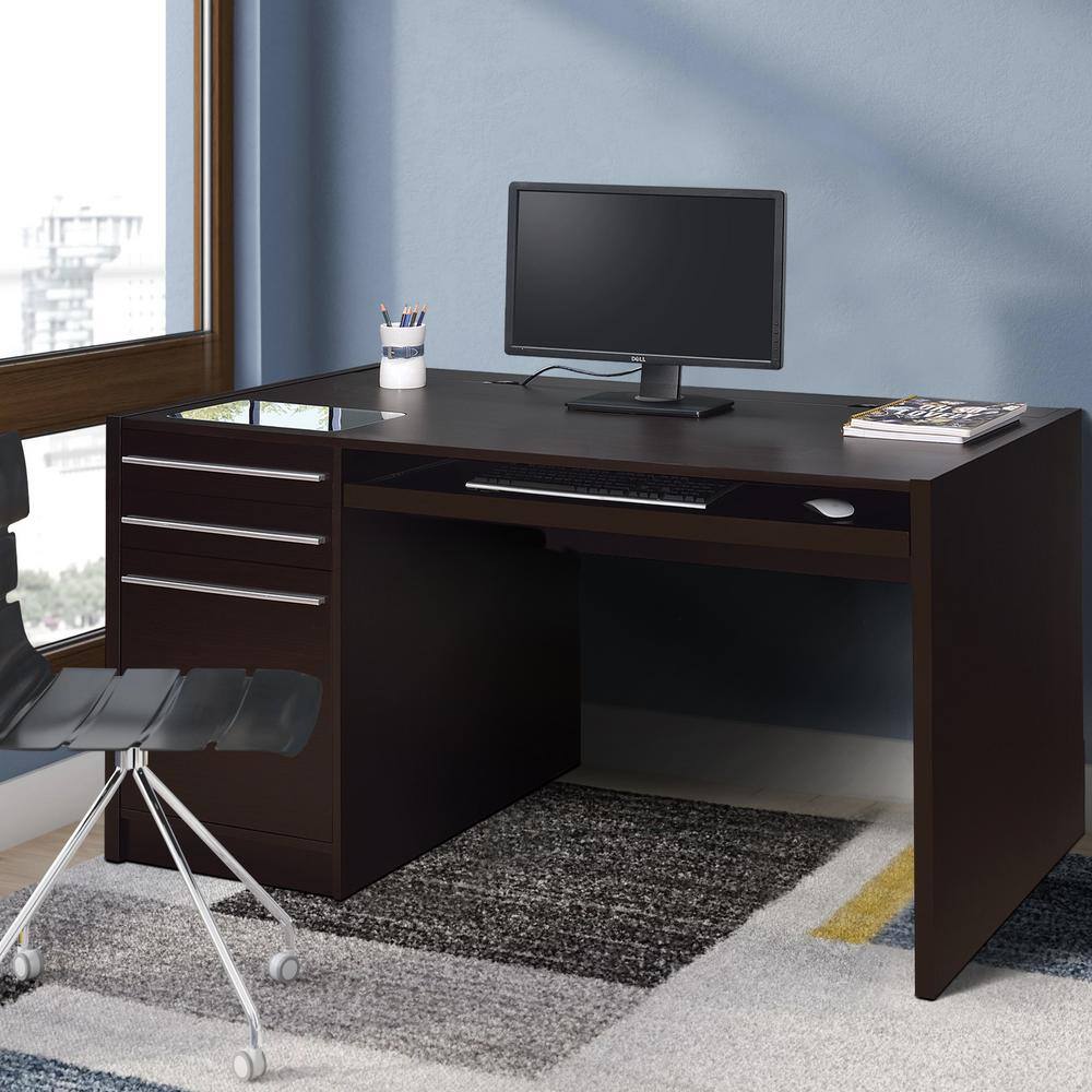 Modern Brown MDF Wood Desk with Keyboard Tray and Power Outlet