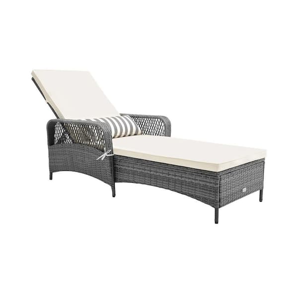 1-Piece Wicker Outdoor Chaise Lounge Recliner with White Cushions