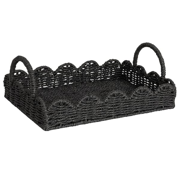 HOUSEHOLD ESSENTIALS Black Handwoven Paper Rope Decorative Tray with Scalloped Edge