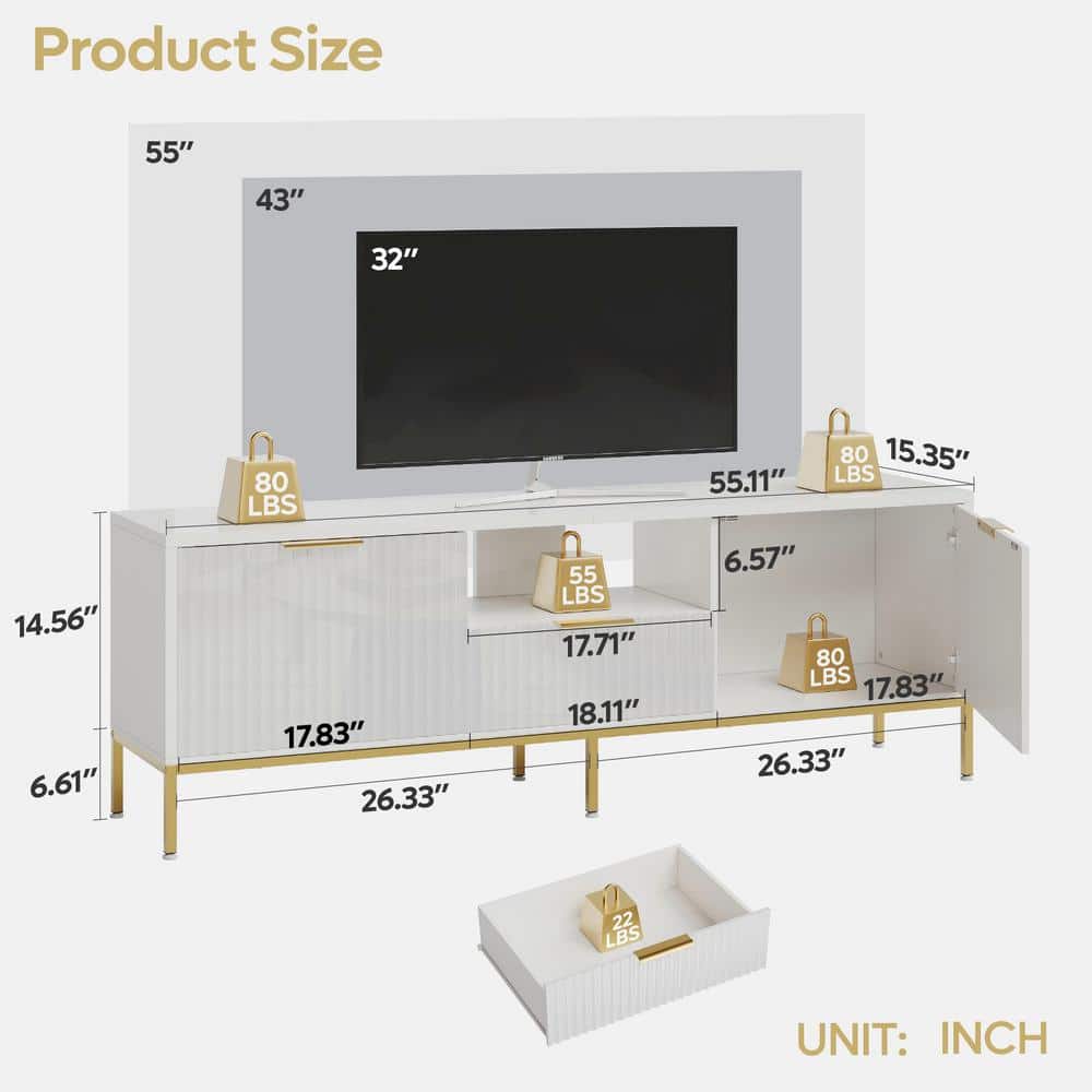 White and Gold 55 Inch TV Stand with Drawer and Cabinet