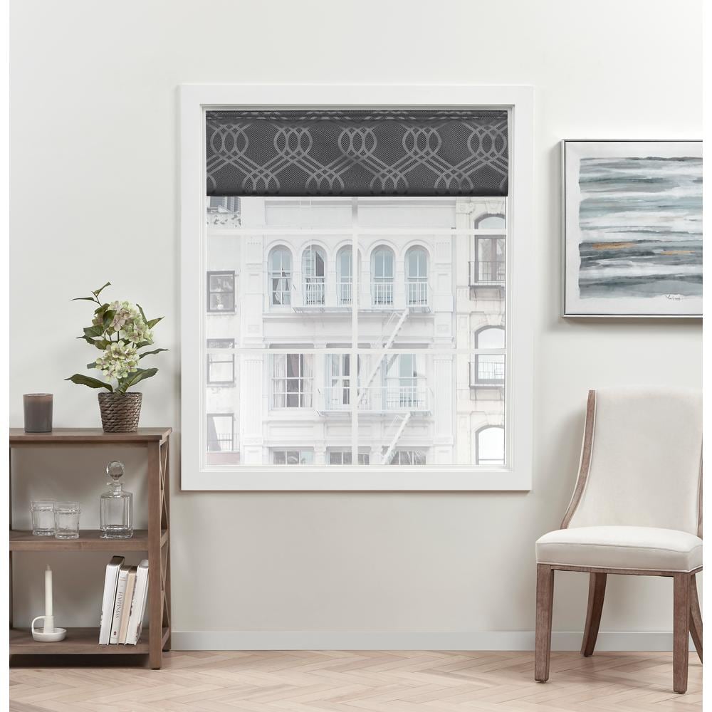 Gray Cordless Blackout Roman Shade with Woven Jacquard Pattern