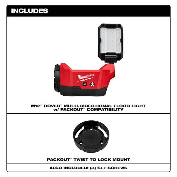 M12 ROVER Multi-Directional Flood Light w/ PACKOUT Compatibility w/M12 12V Li-Ion CP HO 2.5 Ah Battery Pack
