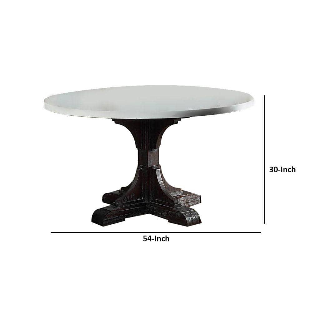 Round White Marble Top Dining Table with Dark Wood Pedestal Base